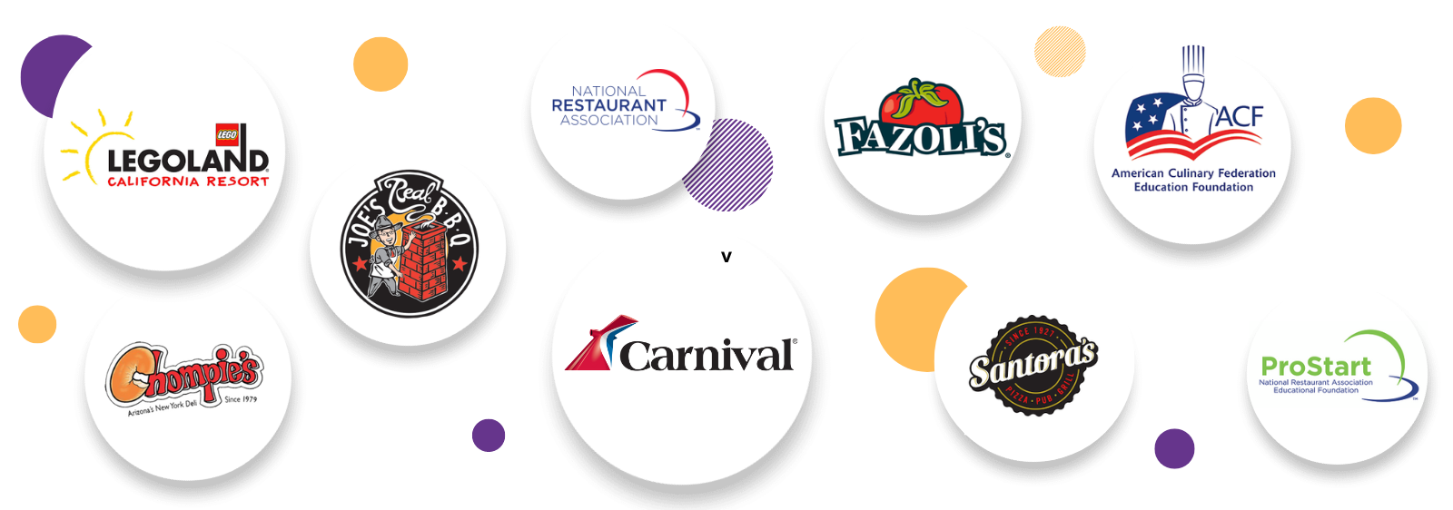 Image of CertiStar partners Carnival Cruise Lines, Legoland CA, Fazoli's, Joes Real BBQ, and others